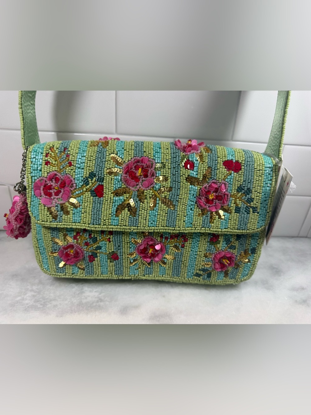 NEW RELEASE Pink Roses Beaded Bag With Green Stripes and Matching Charm NWT